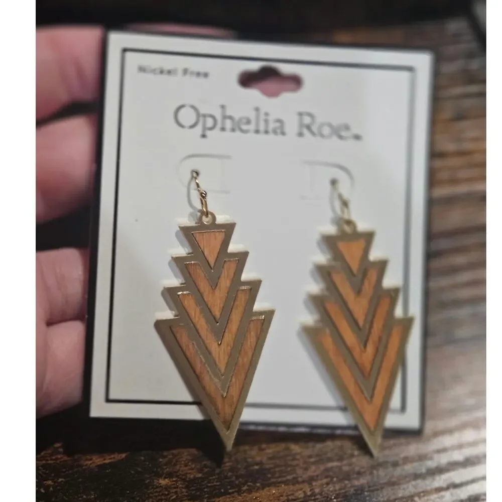 Ophelia Roe Gold Tone Wood Geometric Drop Earrings Nickel Free NWT Deadstock